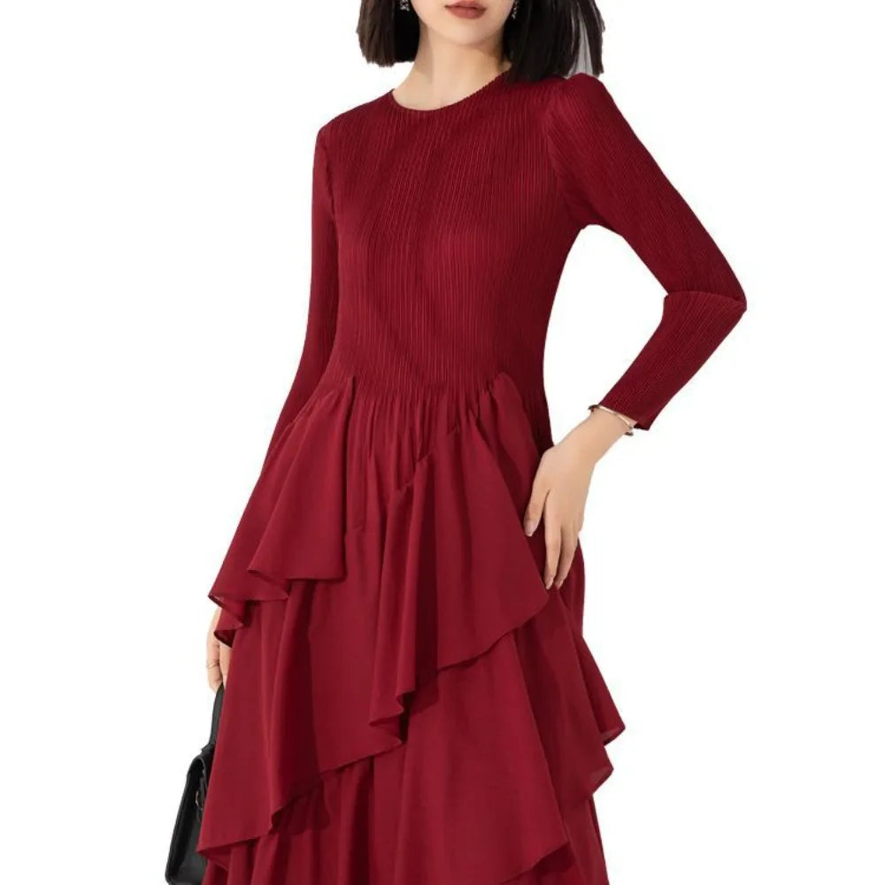 EtherealBe elegant layered ruffle cake dress in burgundy with long sleeves and a flowy silhouette