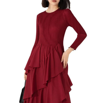 EtherealBe elegant layered ruffle cake dress in burgundy with long sleeves and a flowy silhouette