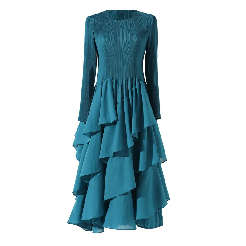 EtherealBe elegant layered ruffle cake dress in teal with long sleeves and flowing design