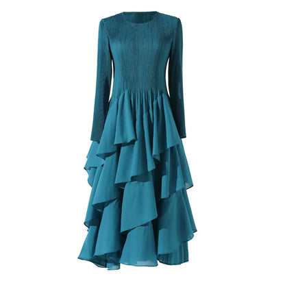 EtherealBe elegant layered ruffle cake dress in teal with long sleeves and flowing design