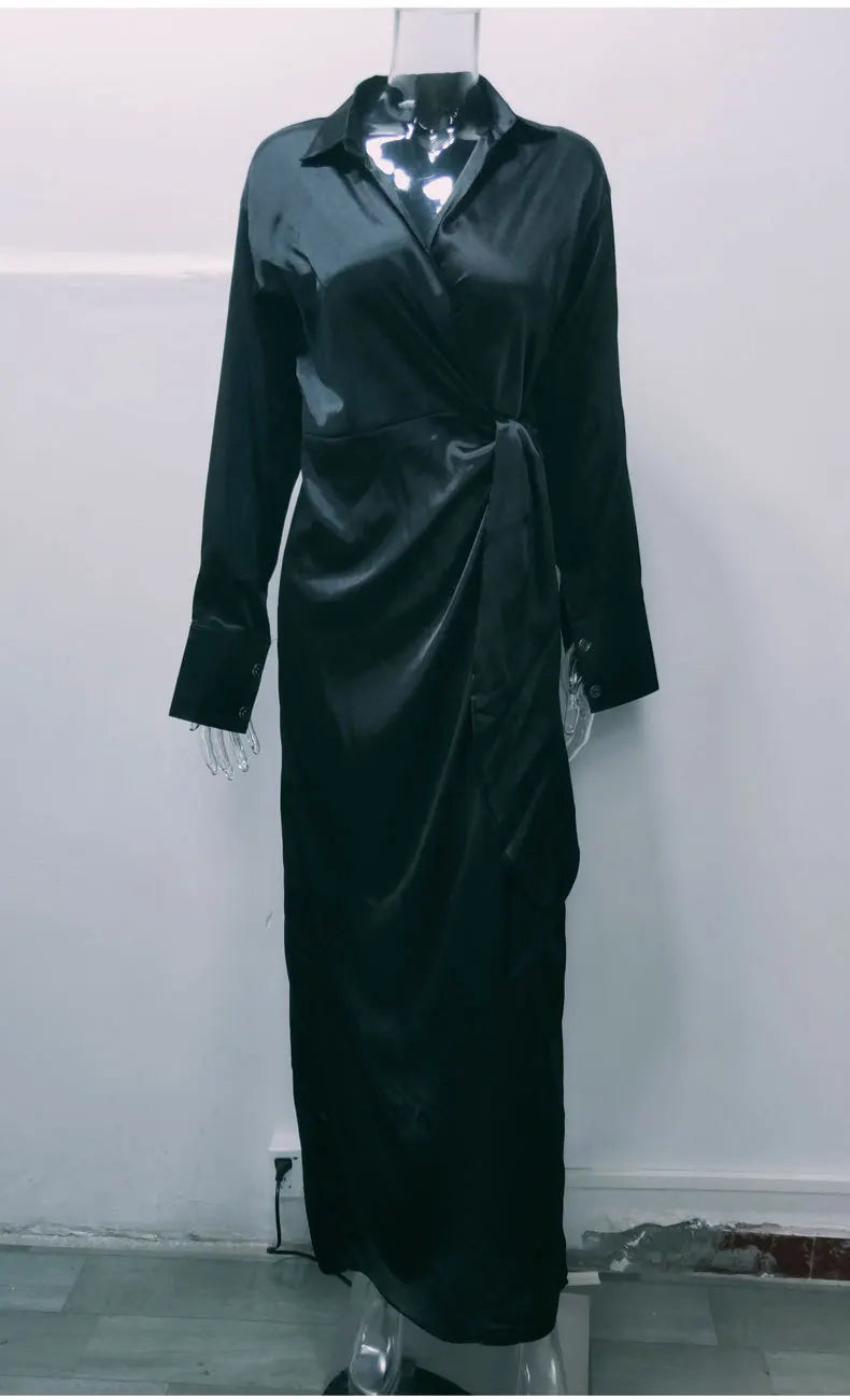 EtherealBe elegant long sleeve split dress in sleek black with a stylish wrap design