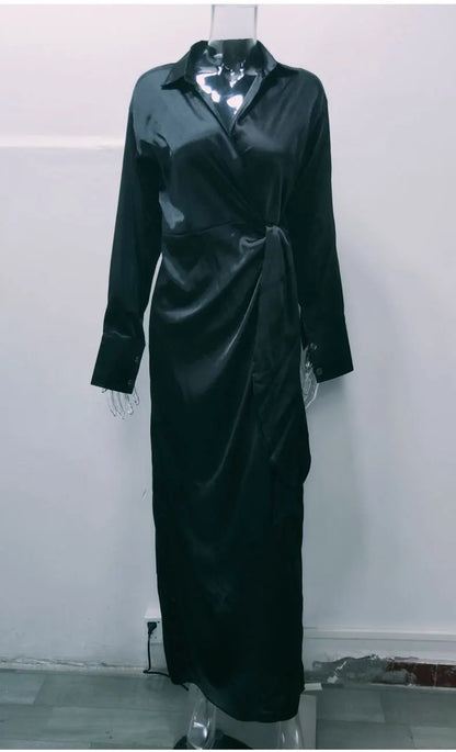EtherealBe elegant long sleeve split dress in sleek black with a stylish wrap design