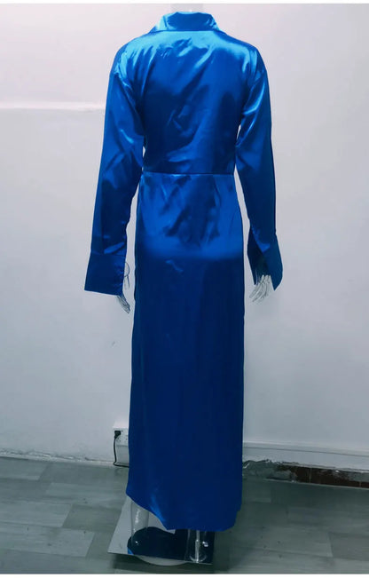 EtherealBe elegant long sleeve split dress in vibrant blue showcasing a sleek back design