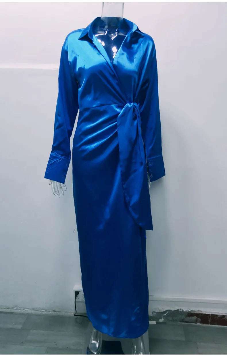 EtherealBe elegant long sleeve split dress in vibrant blue with a tie waist design
