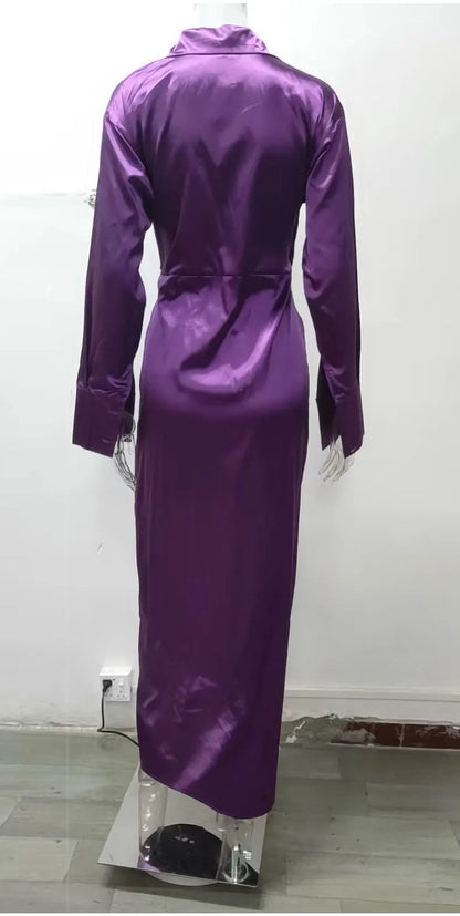 Elegant long sleeve split dress in vibrant purple with a sleek satin finish from EtherealBe