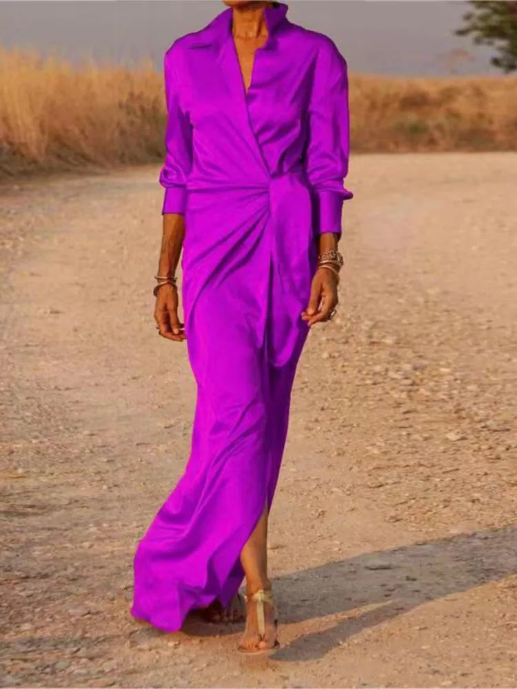 EtherealBe elegant long sleeve split dress in vibrant purple for stylish outdoor looks