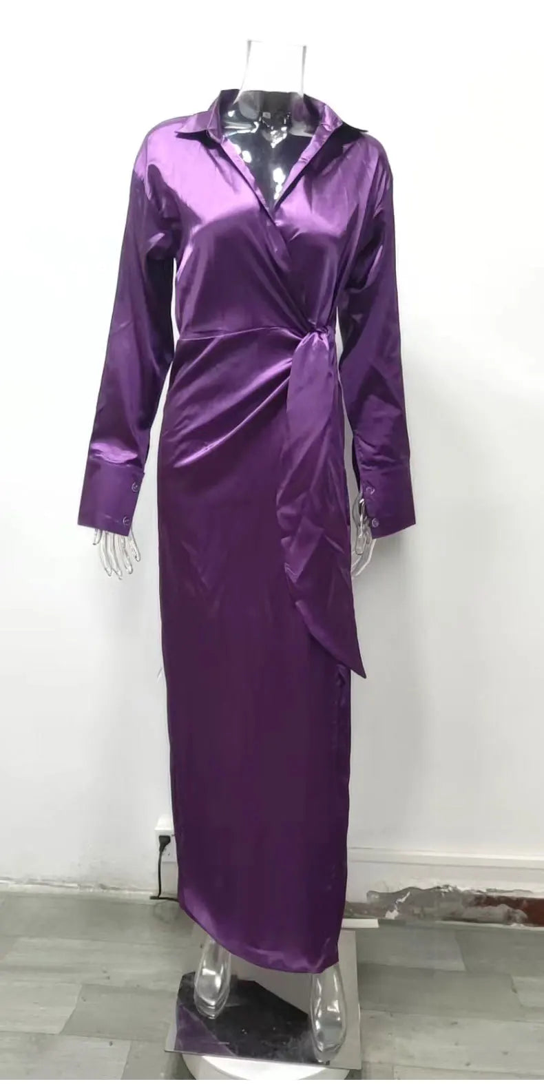 EtherealBe elegant long sleeve split dress in purple with a stylish wrap design for formal occasions