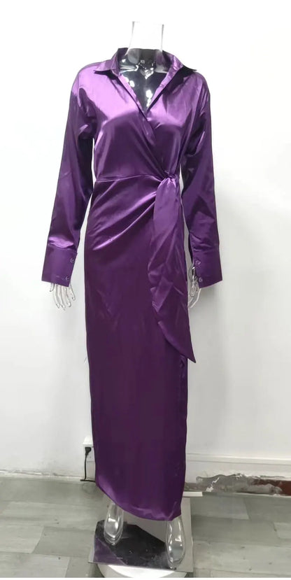 EtherealBe elegant long sleeve split dress in purple with a stylish wrap design for formal occasions