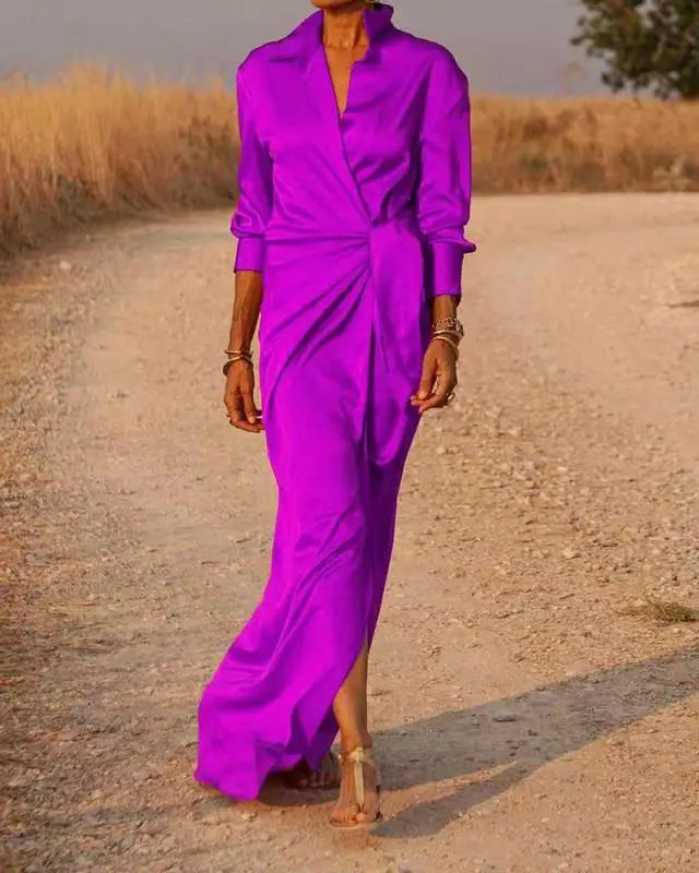 EtherealBe Elegant long sleeve split dress in vibrant purple, perfect for outdoor occasions