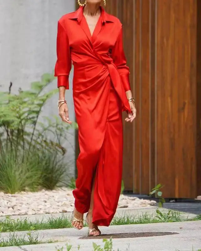 EtherealBe elegant long sleeve split dress in red with a stylish wrap design for a chic look