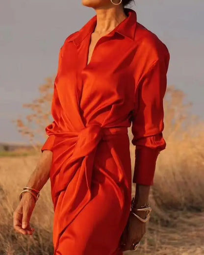 EtherealBe elegant long sleeve split dress in vibrant red with a tied waist detail