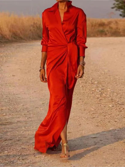EtherealBe elegant long sleeve split dress in vibrant red perfect for formal occasions and stylish outings