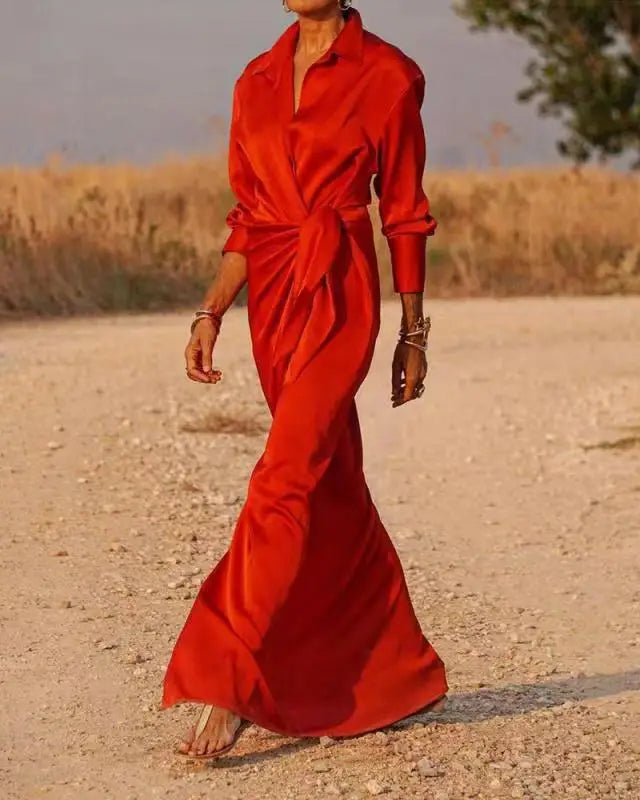EtherealBe elegant long sleeve split dress in vibrant red, perfect for formal occasions and summer events
