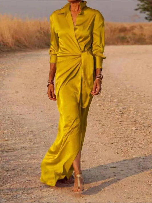 EtherealBe elegant long sleeve split dress in vibrant yellow perfect for outdoor events