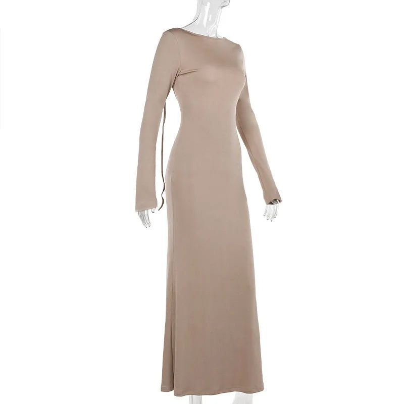 EtherealBe elegant off shoulder evening dress in soft beige with long sleeves for a sophisticated look
