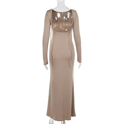 EtherealBe elegant off shoulder evening dress in beige with long sleeves and a form-fitting silhouette