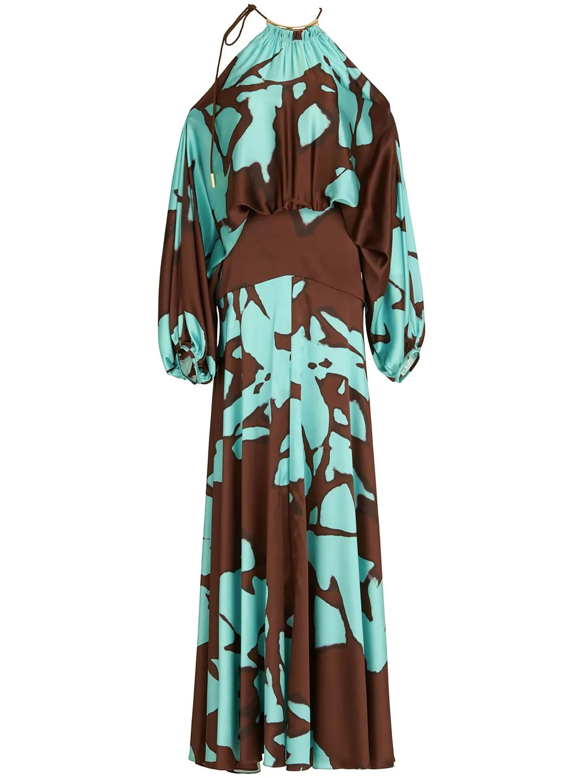 EtherealBe elegant off shoulder vacation dress with a unique brown and teal abstract print