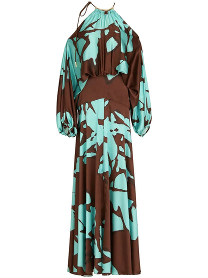 EtherealBe elegant off shoulder vacation dress with a unique brown and teal abstract print