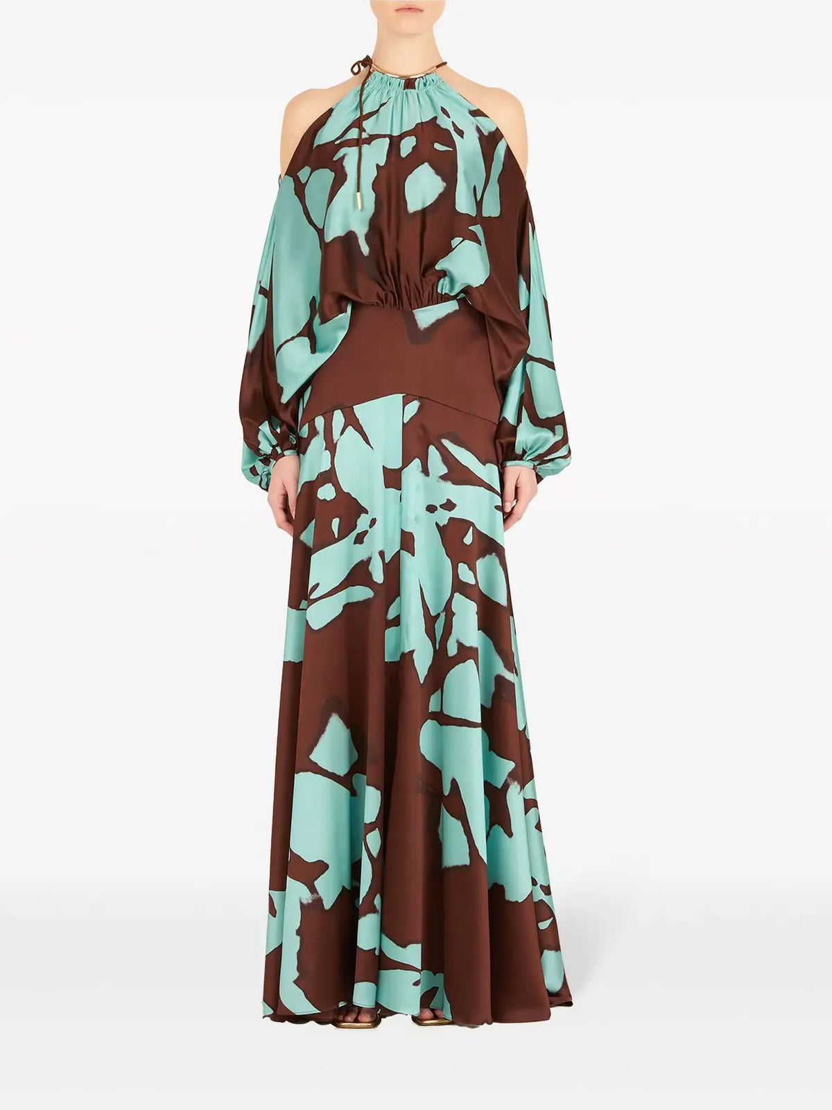 EtherealBe elegant off shoulder vacation dress in turquoise and brown floral pattern, perfect for summer outings