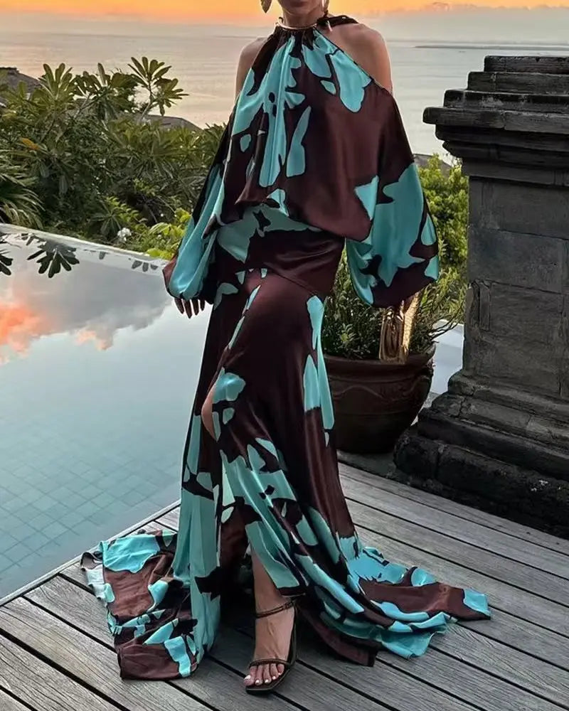 EtherealBe elegant off shoulder vacation dress in blue and brown with flowing fabric for summer outings