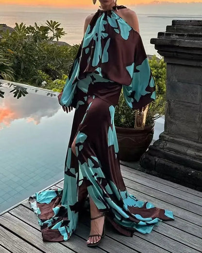 EtherealBe elegant off shoulder vacation dress in blue and brown with flowing fabric for summer outings