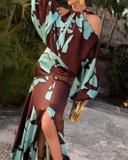 EtherealBe elegant off shoulder vacation dress in brown and teal with flowing silhouette and leg slit