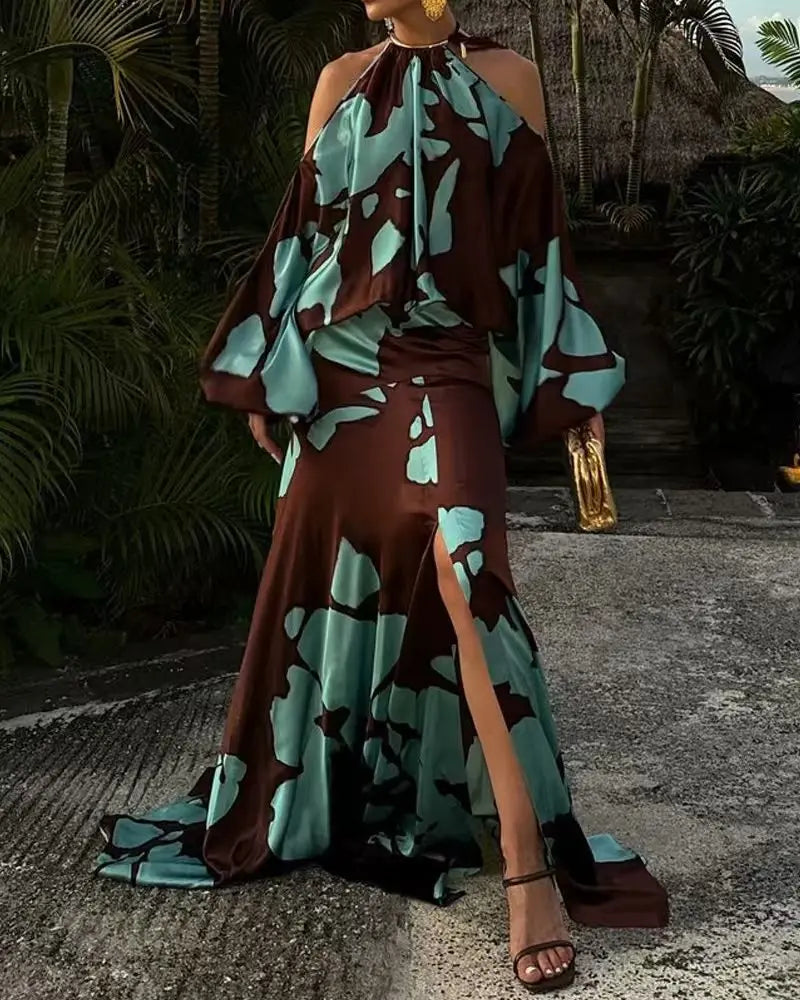 EtherealBe elegant off shoulder vacation dress in brown and teal with dramatic sleeves and a high slit