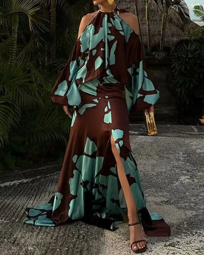 EtherealBe elegant off shoulder vacation dress in brown and teal with dramatic sleeves and a high slit