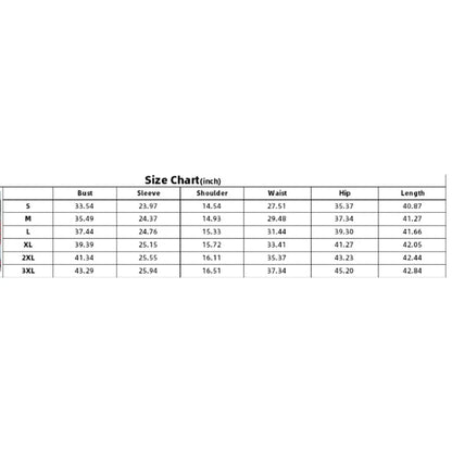 Size chart for elegant office dress for women including bust, sleeve, shoulder, waist, hip, and length measurements