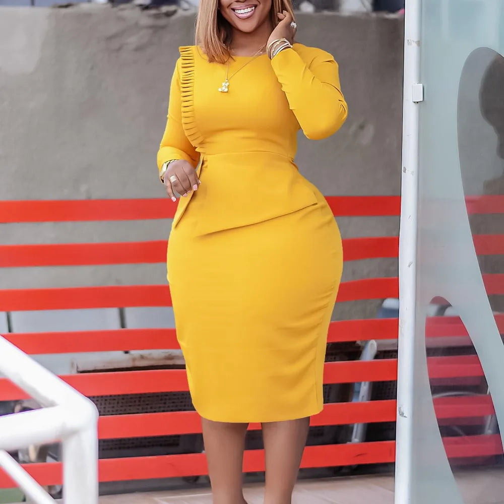 Stylish yellow bodycon dress with ruffle detailing, an elegant office dress for women.