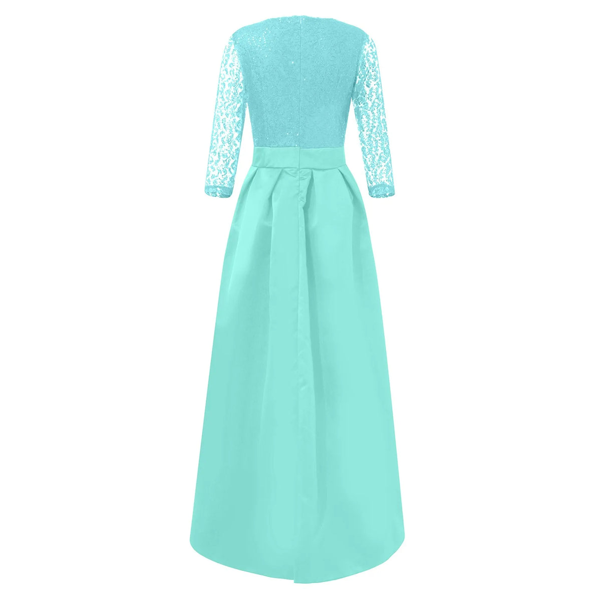 Elegant prom and gala dresses featuring a turquoise lace and satin design with long sleeves