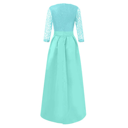 Elegant prom and gala dresses featuring a turquoise lace and satin design with long sleeves