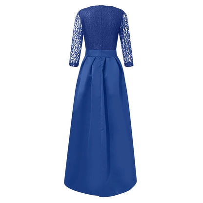 Elegant prom and gala dresses in blue with lace sleeves and a flowing skirt for formal occasions