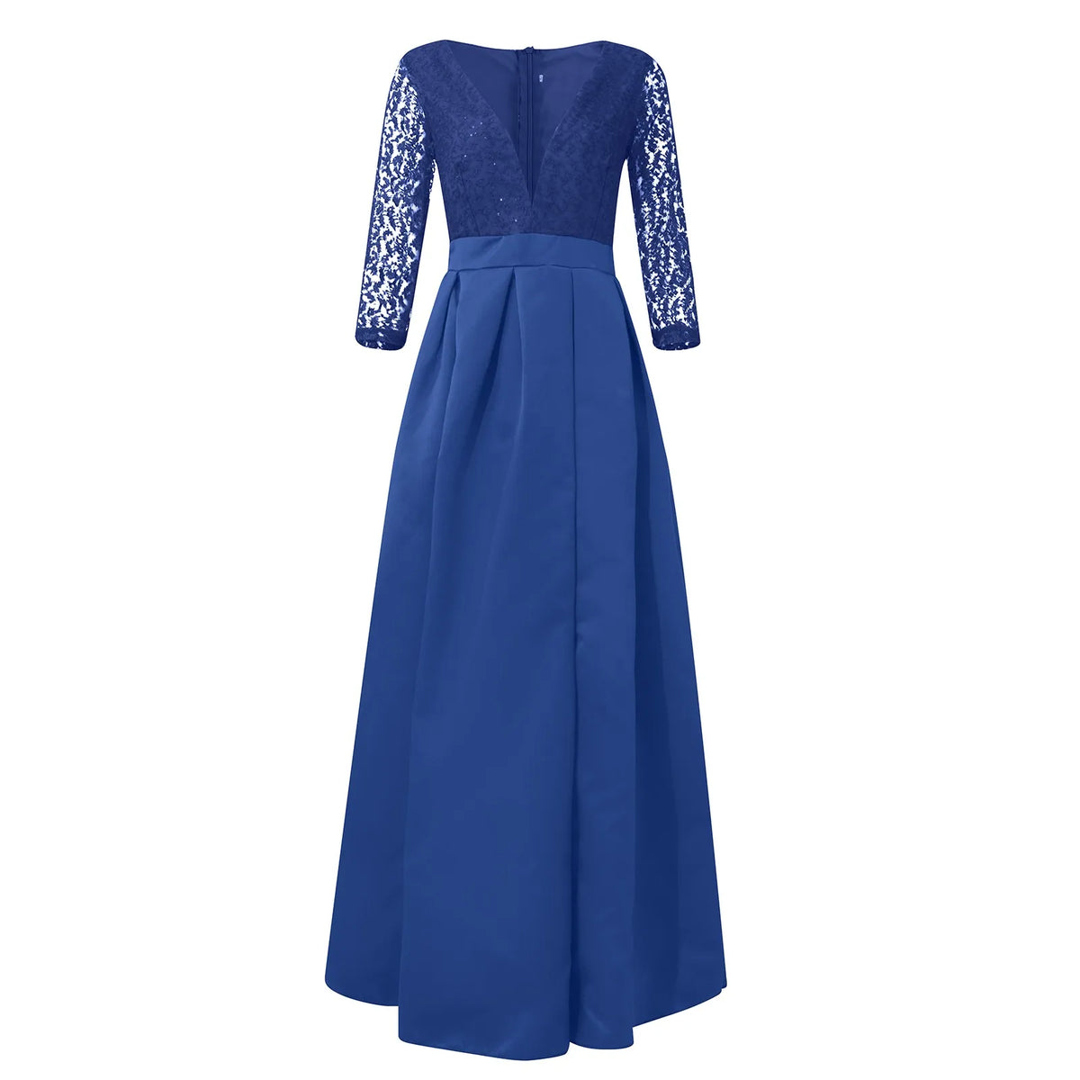 Elegant prom and gala dresses in deep blue with lace long sleeves and a flowing skirt