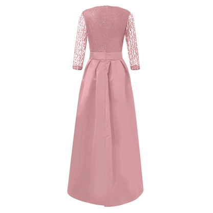 Elegant prom and gala dresses in pink with lace sleeves and a flowing skirt