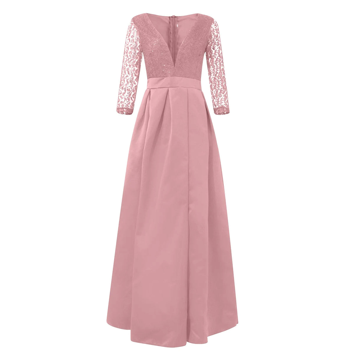 Elegant prom and gala dresses in blush pink with lace sleeves and a flattering A-line silhouette