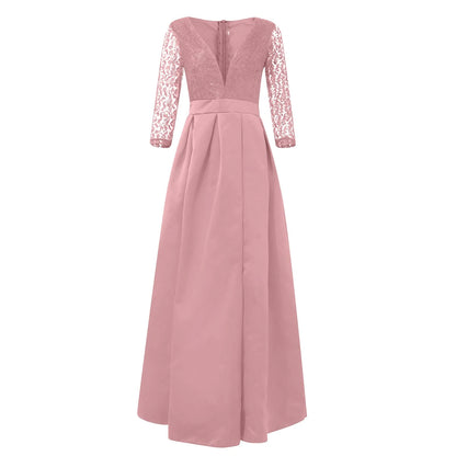 Elegant prom and gala dresses in blush pink with lace sleeves and a flattering A-line silhouette
