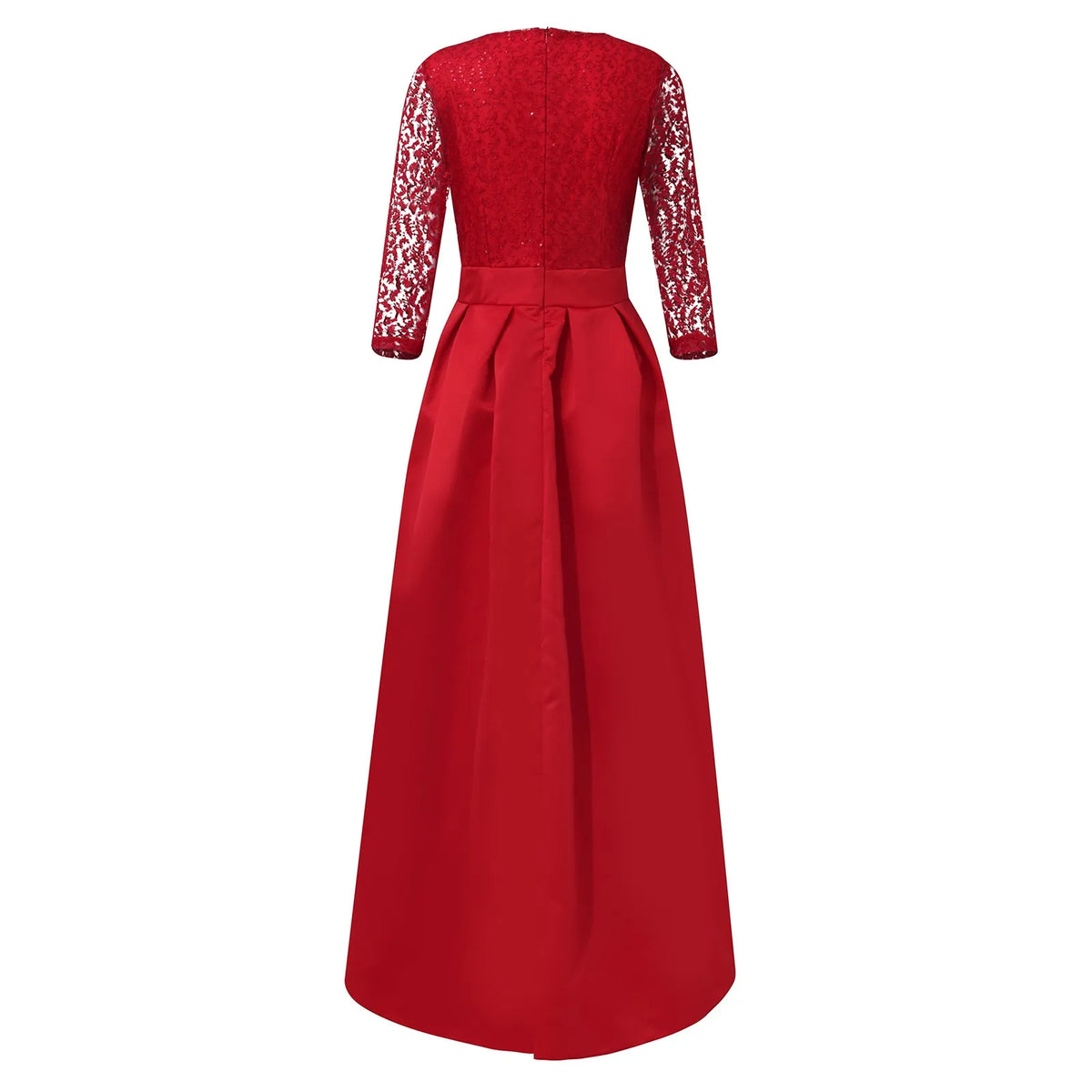 EtherealBe elegant prom and gala dresses in red with lace sleeves and a flowing skirt