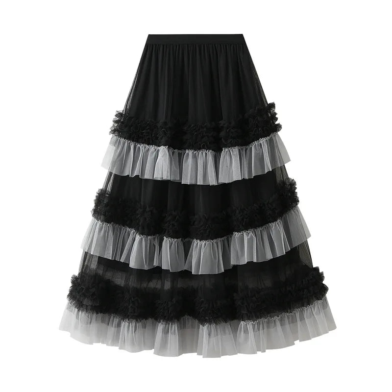 EtherealBe elegant ruffle edge skirt for women with tiered black and white layers