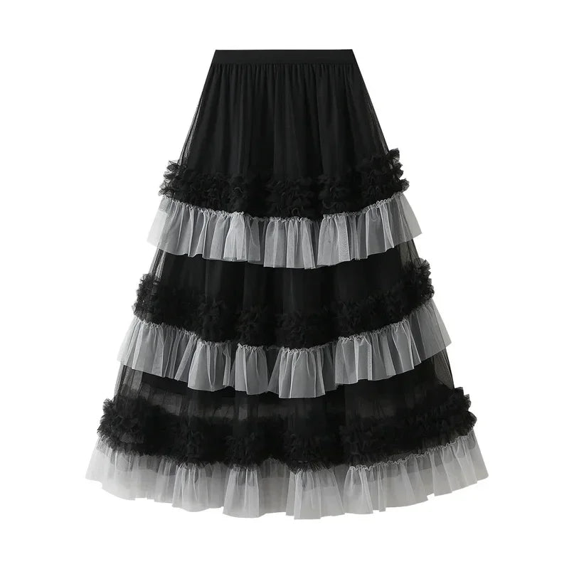 EtherealBe elegant ruffle edge skirt for women with layered tulle design in black and white