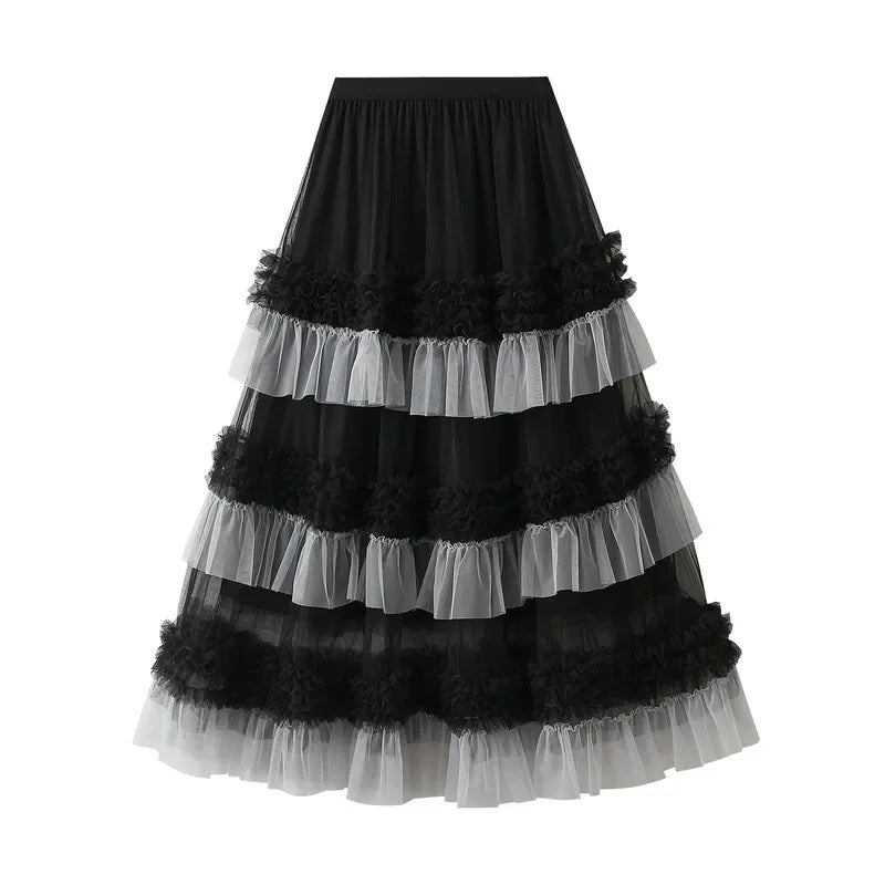 EtherealBe elegant ruffle edge skirt for women with layered black and gray tulle design
