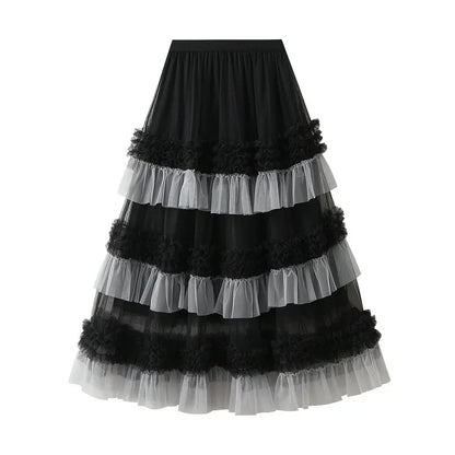EtherealBe elegant ruffle edge skirt for women with layered black and gray tulle design