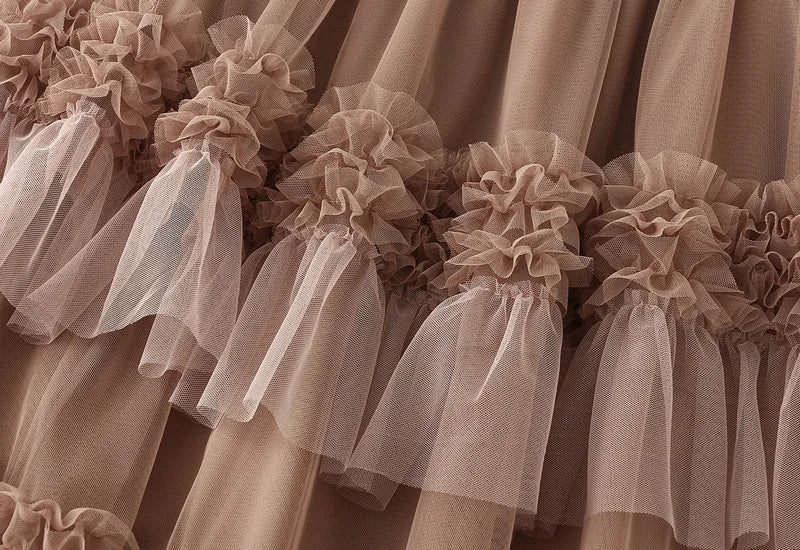 EtherealBe elegant ruffle edge skirt for women in soft taupe with delicate tulle details
