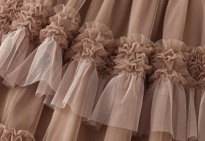 EtherealBe elegant ruffle edge skirt for women in soft taupe with delicate tulle details