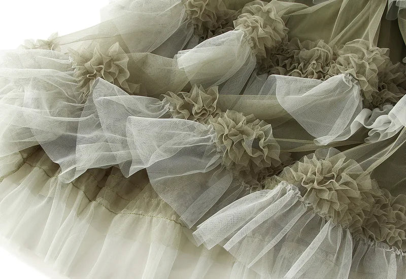 EtherealBe elegant ruffle edge skirt for women in soft tulle with layered ruffles and floral details