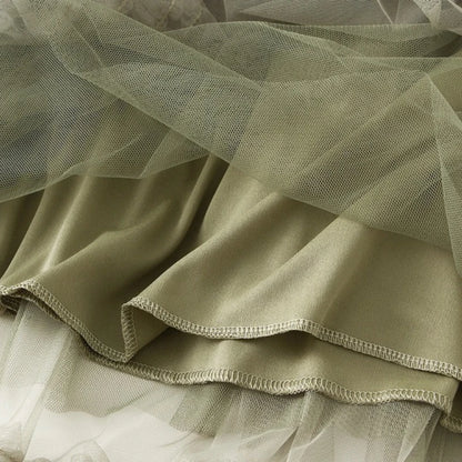 Elegant ruffle edge skirt for women in soft olive green tulle with layered design