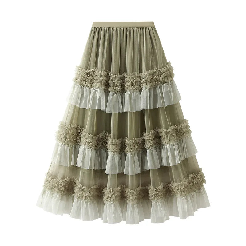 EtherealBe elegant ruffle edge skirt for women with layered tulle design in soft olive green