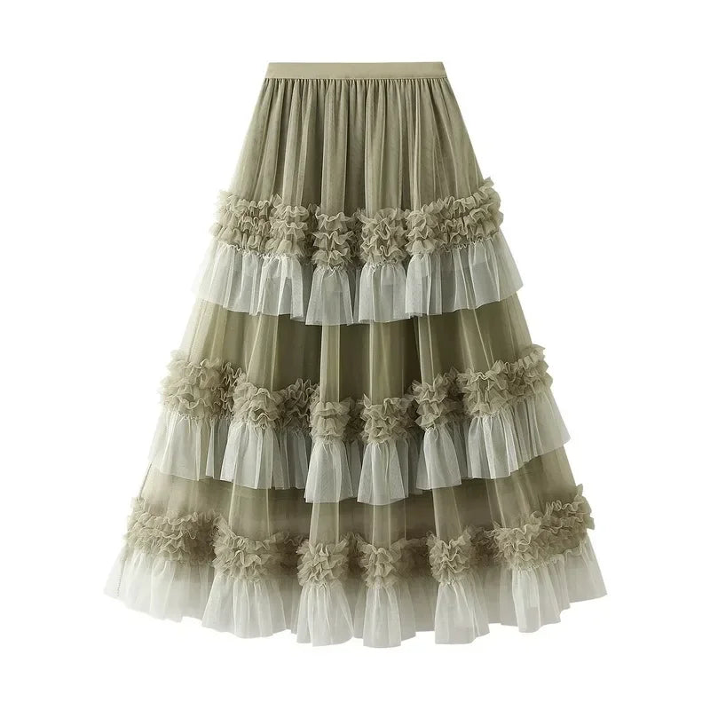 EtherealBe elegant ruffle edge skirt for women with layered tulle design in olive green