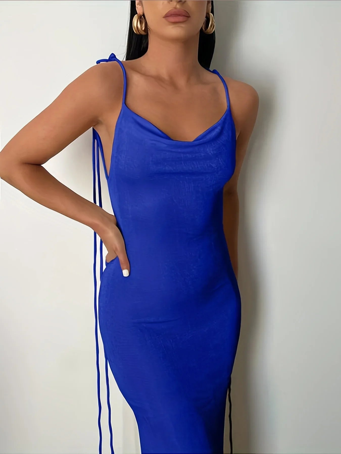 EtherealBe elegant womens strapless evening gown in vibrant blue with delicate tie straps