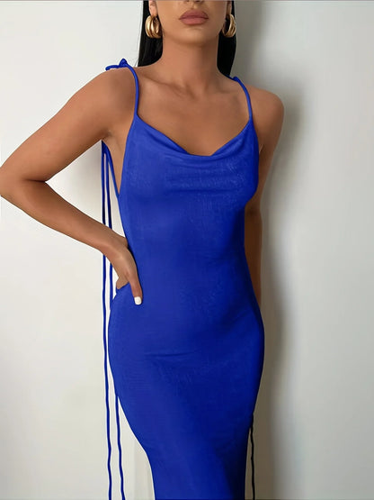 EtherealBe elegant womens strapless evening gown in vibrant blue with delicate tie straps